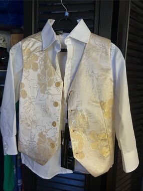 Boys Cream & Gold Floral Brocade Vest with White Shirt